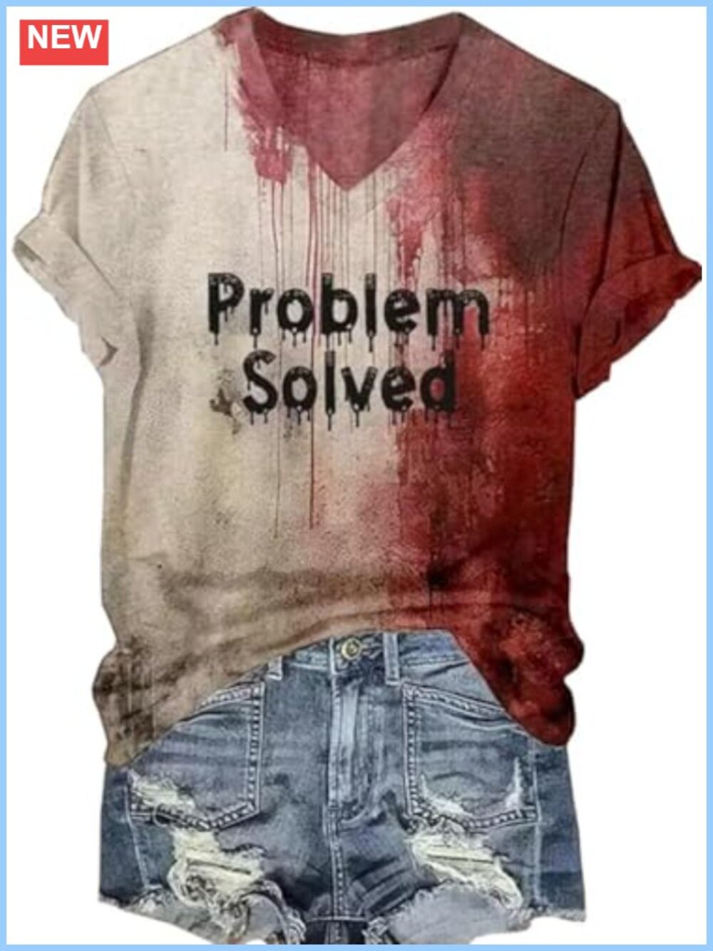 Womens Halloween I'm Fine Problem Solved Blood Graphic Tee V-Neck